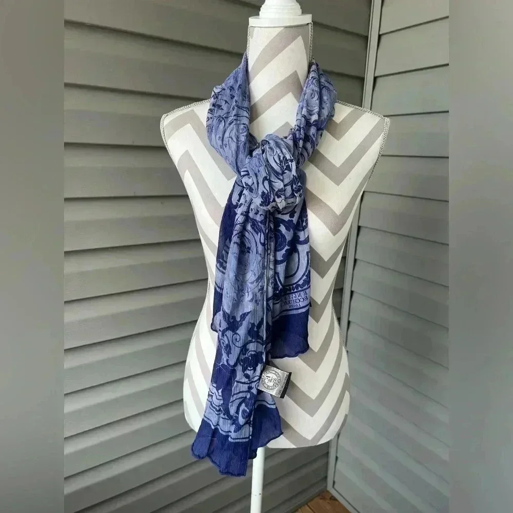 Vintage English Eccentrics London Chiffon Silk Blue Floral Scarf - Picture 3 of 5